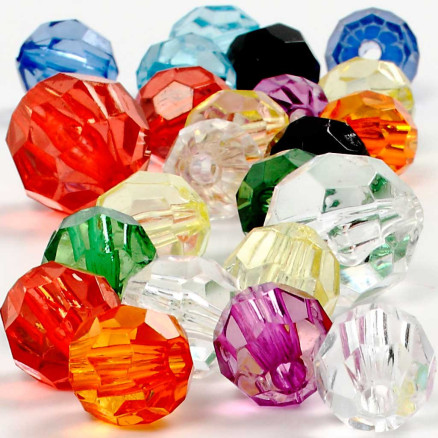 Facetterade Plastpärlor, stl. 10-12-16 mm, Hålstl. 1-2,5 mm, mixade färger, 75 g, 100 st./ 1 förp.