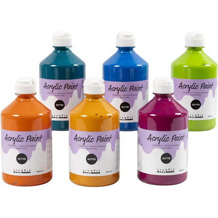 Glitterakrylfärg, mixade färger, 3000 ml, 6x500 ml/ 1 förp.