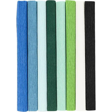 Kräppapper, ark 25x60 cm, Stretchbarhet: 180%, 105 g, blå/grön harmoni, 8 ark/ 1 förp.