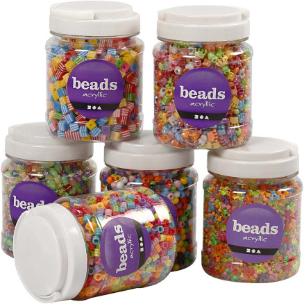 Pärlmix, stl. 7-10 mm, Hålstl. 2-4 mm, ca. 2400 g, mixade färger, 6x700 ml/ 1 förp.