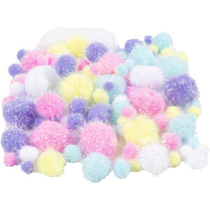 Pompoms, Dia. 15-40 mm, glitter, ca. 75 st., pastellfärger, 62 g/ 1 förp.