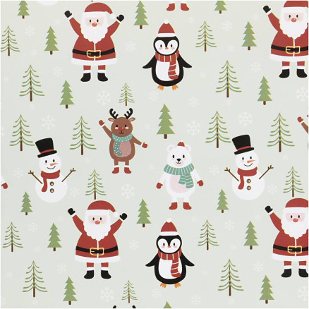 Presentpapper, Jultomte, snögubbe, renar, isbjörn och pingvin, B: 50 cm, 80 g, isblå, 5 m/ 1 rl.