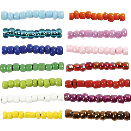 Rocaillepärlor, Dia. 3 mm, stl. 8/0, Hålstl. 0,6-1,0 mm, mixade färger, 14x25 g/ 1 förp.