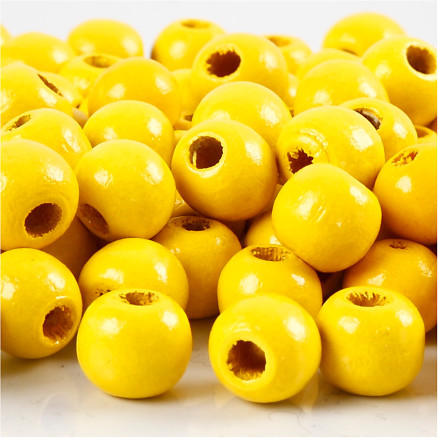 Träpärlor, Dia. 10 mm, Hålstl. 3 mm, ca. 70 st., gul, 20 g/ 1 förp.