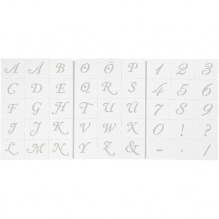 Schabloner, bokstäver och siffror, H: 20-30 mm, A5, ark 148x210 mm, 3 ark/ 1 förp.