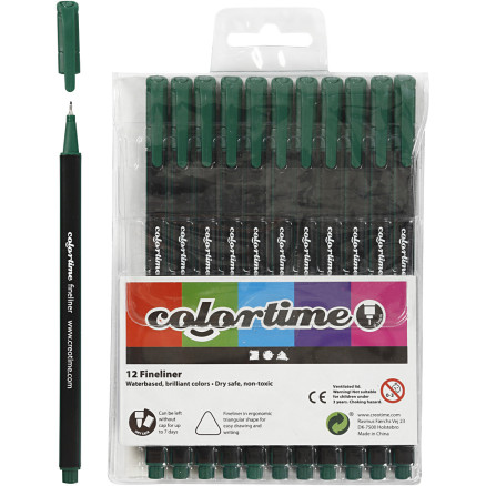 Colortime Fineliner Tusch, linje 0,6-0,7 mm, mörk grön, 12 st / 1 pk.