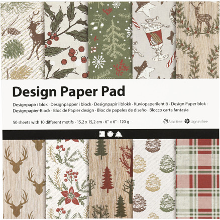 Designpapper, ark 15,2x15,2 cm, jul, 120 g, beige, röd, 50 ark/ 1 förp.