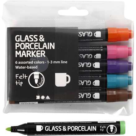 Glas- och porslinsmarkör, linje 1-3 mm, halvgenomskinlig, komplementfärger, 6 st / 1 frp.