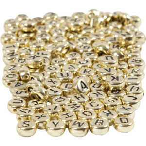 Bokstavspärlor, diam. 7 mm, hålstorlek 1 mm, guld, 165g/ 1 frp.