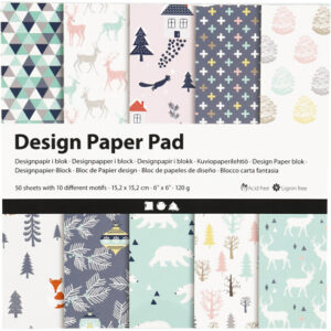 Designpapper, julmotiv, ark 15,2x15,2 cm, 120 g, ljusgrön, rosa, vit, 50 ark/ 1 förp.