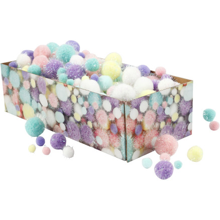 Pompoms, Dia. 15-40 mm, glitter, ca. 400 st., pastellfärger, 400 g/ 1 förp.