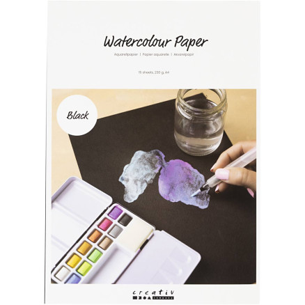 Akvarellpapper, A4, ark 210 x 297 mm, 230 g, svart, 15 ark/frp.