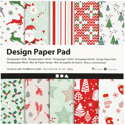 Designpapper i block, ark 15,2 x 15,2 cm, 120 g, grön, rött, vitt, 50 ark/frp.