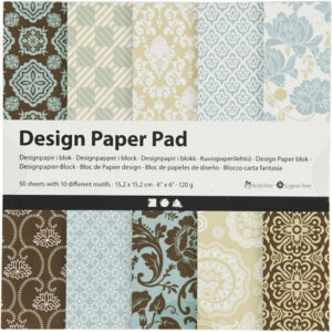 Designpapper i block, ark 15,2 x 15,2 cm, 120 g, ljusblått, brunt, 50 ark/frp.