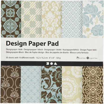 Designpapper i block, ark 15,2 x 15,2 cm, 120 g, ljusblått, brunt, 50 ark/frp.